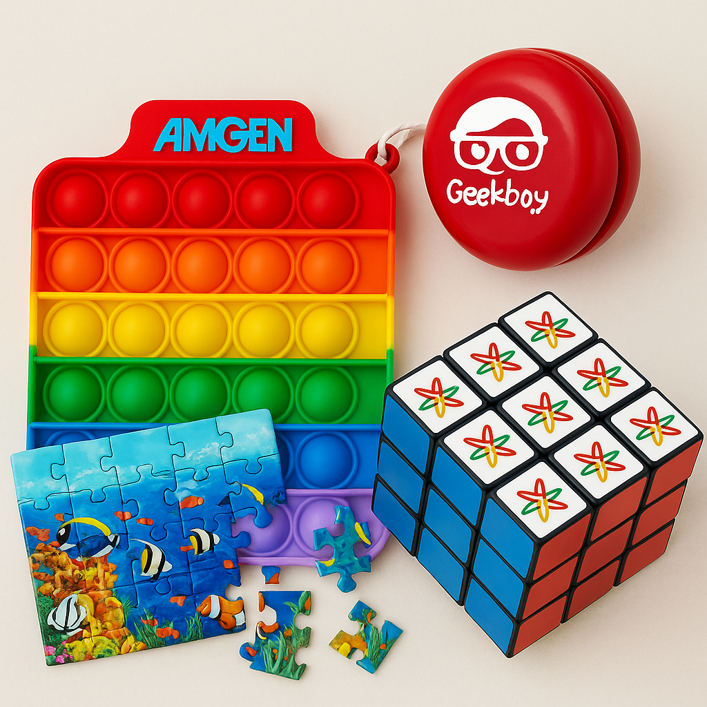 trade show fidget spinners, Rubiks cubes and pzzles